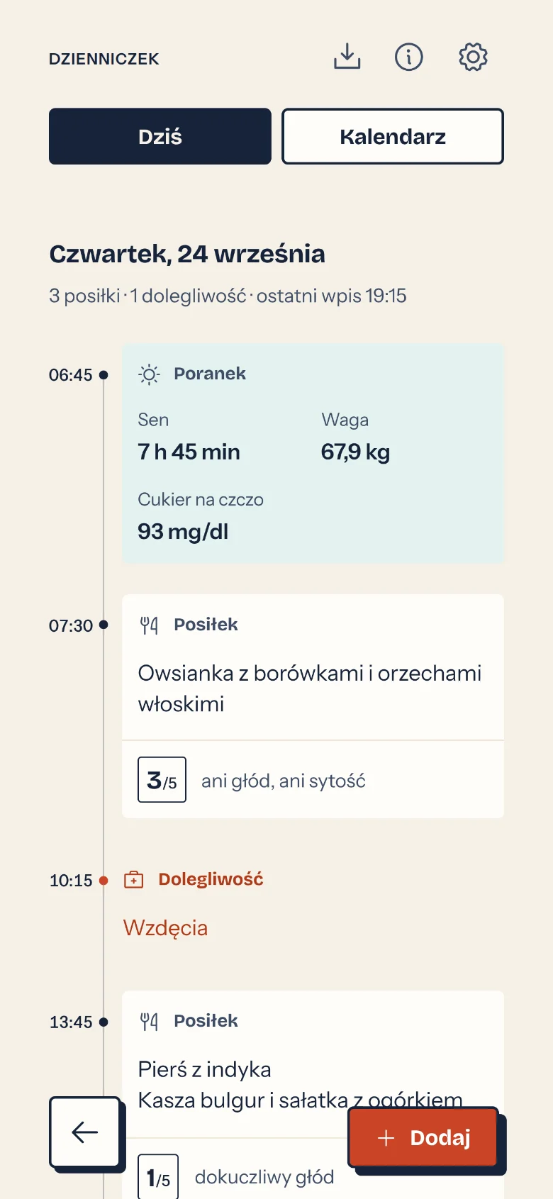 A diary timeline with the morning (sleep, weight, blood sugar), meals and a symptom (Polish example)