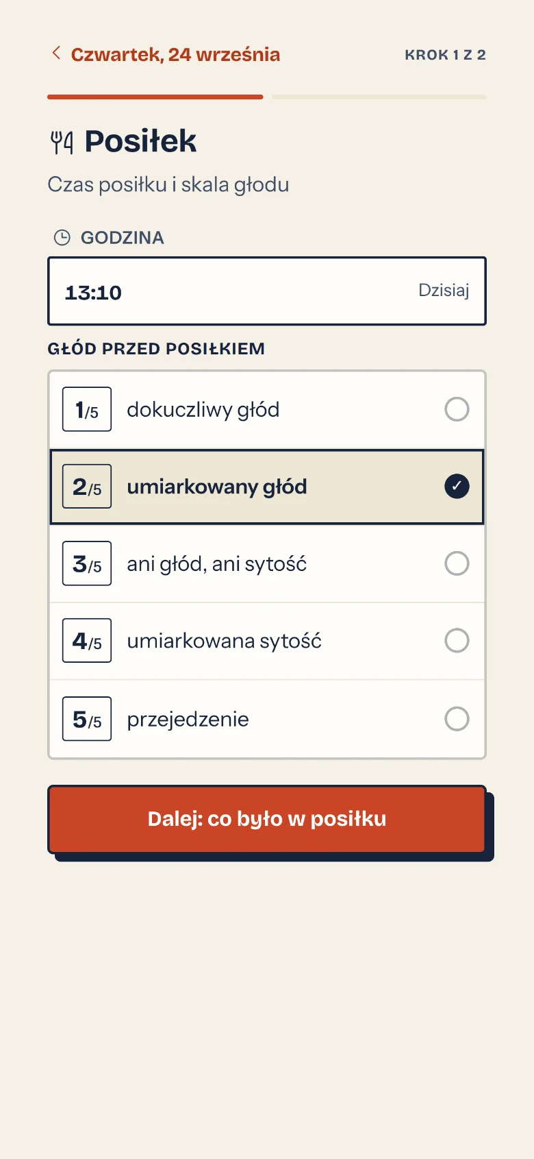 Choosing the meal time and a hunger level from 1 to 5 (Polish example)
