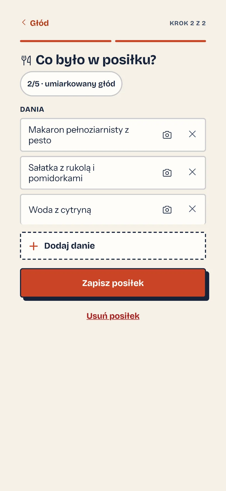 A list of dishes in a meal with a photo button next to each one (Polish example)