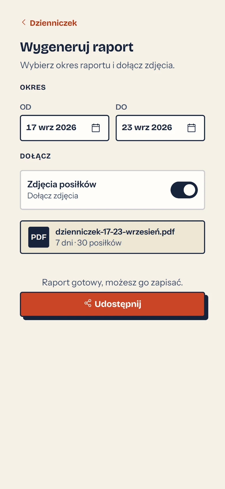 A finished PDF report for the selected week (Polish example)