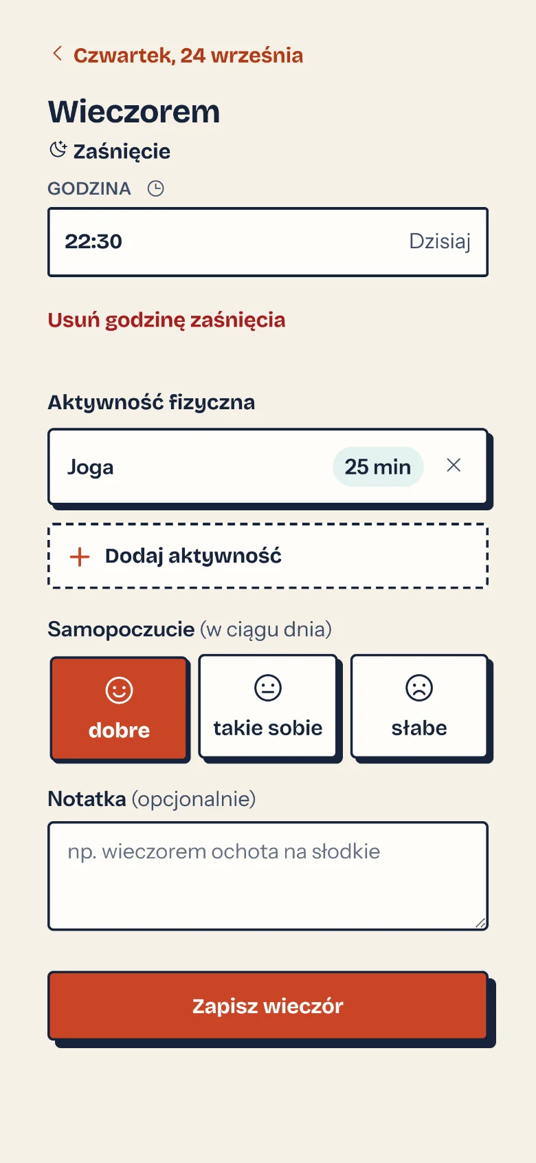 Evening screen: bedtime, physical activity, wellbeing and a note for the dietitian (Polish example)