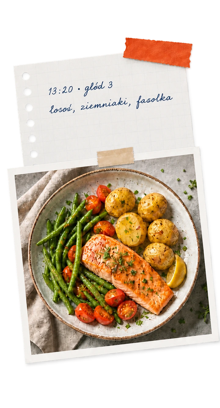 A meal note and photo: hunger level 3, salmon, potatoes and green beans (Polish example)